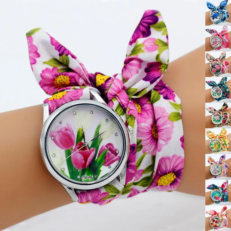 Wristwatches Shsby Design Lady Flower Cloth Wristwatch Women Dress Watch Fabric Sweet Girls Bracelet Silver 21-30 Watches WholesaleWristwatc