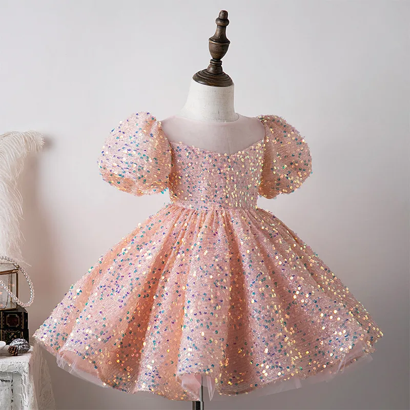 Sequined Gold Gown for Girls - Floor Length Toddler Floral Infant Dress with 3D Appliques - Perfect for Pageants, First Holy Communion and Special