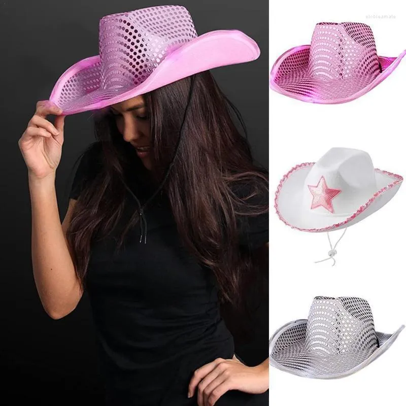 Wide Brim Hats White Cowgirl Hat Pink Sequin Star Felt Neck Rope For ...