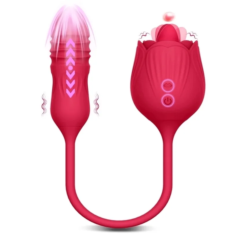 2 en 1 rose vibrateur femelle langue lécher clitoris clitoris stimulateur télescopique vibrant amour oeuf gode sex toys pour femmes 220514