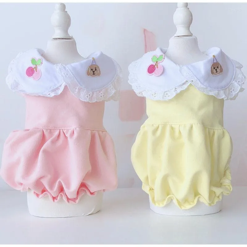 Dog Apparel Cute Pet Dress For Girls Lapel Flower Bud Skirt Summer Short Bubble Sleeves Small Dogs Evening Party Cat ClothingDog