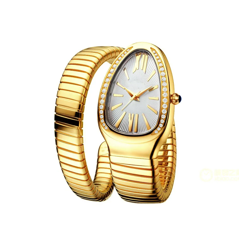 Популярные женские кварцевые часы мода 33 мм нержавеющая сталь золотая пластина для часов водонепроницаемая личность девушка змея Алмазные часы с муассанитом скелетон
