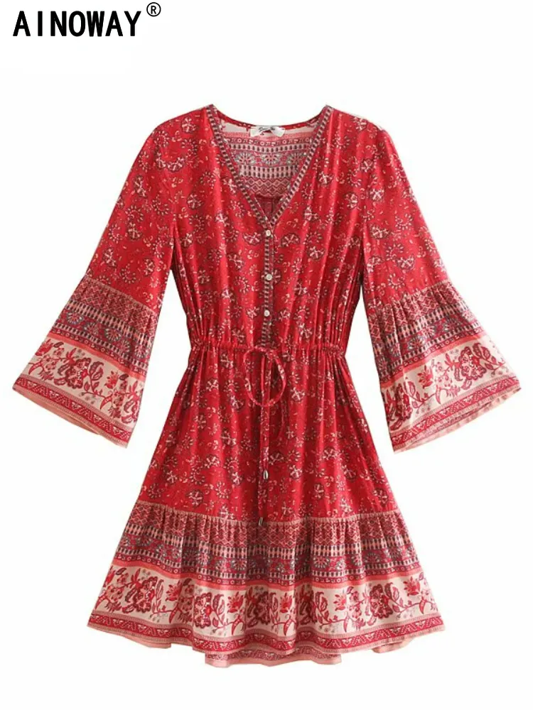 Vintage Chic Fashion Women Hippie Floral Print V Hals Boheemian Mini Dresses Summer Ladies Flare Sleeve Cotton Beach Boho Dress 220713