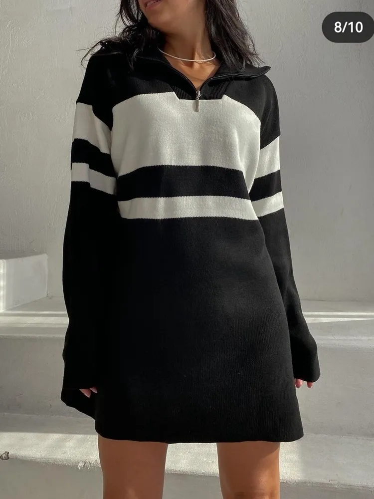 Striped Pullover Sweater Female Oversize Jumper Zipper Lazy Oaf Turndown Collar Knitted Tops Autumn Spring Long Sweater Dress 220816
