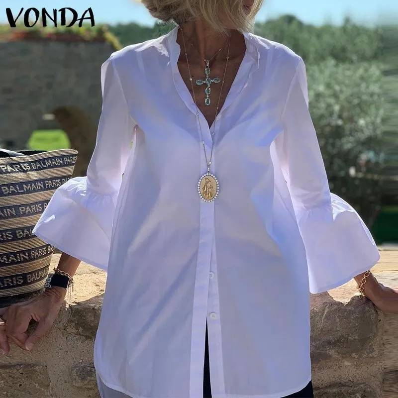 Белые рубашки, летние женские однотонные весенние блузки с расклешенными рукавами VONDA, сексуальная офисная рубашка на пуговицах с v-образным вырезом, Femininas Blusas W220321