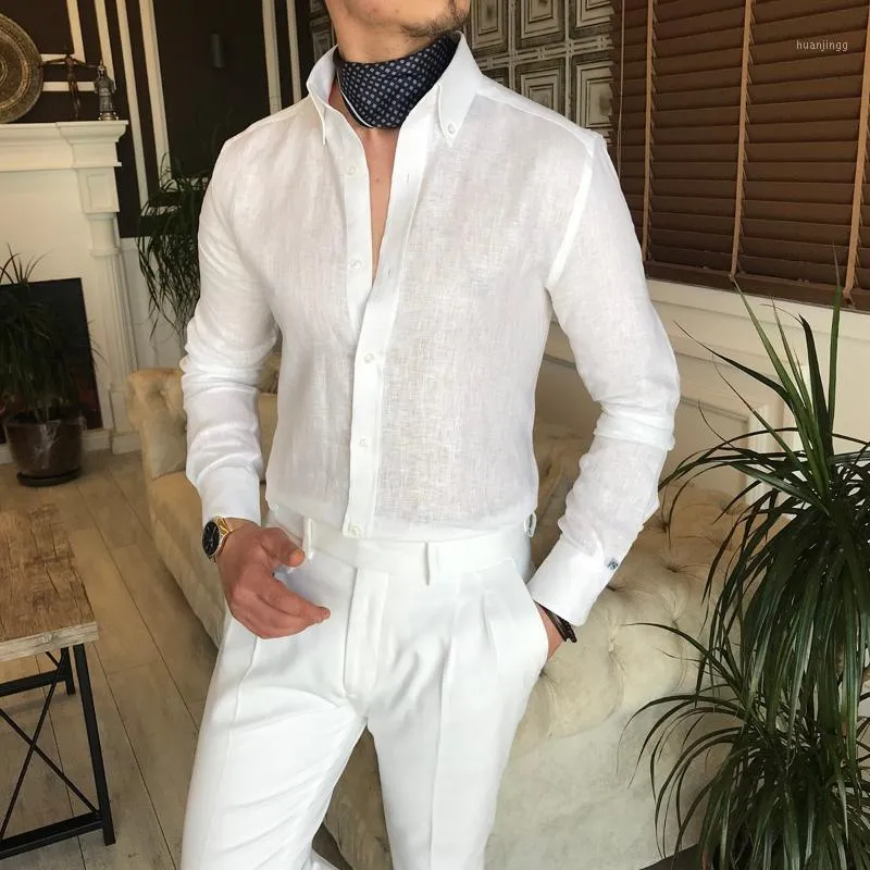 メンズドレスシャツ2022ファッションイタリアンスタイルスリムフィット垂直襟リネン男性シャツホワイトソリッド男性カジュアルビジネス