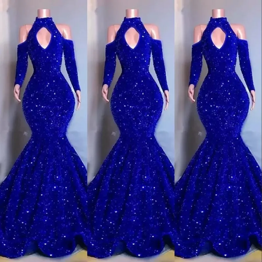 2022 Sexy Bling Royal Blue Paillettes Crystal Pageant Paillettes Abiti da ballo Maniche lunghe Sirena Buco della serratura Abiti da sera Elegante con spalle scoperte Abito formale da donna C0417