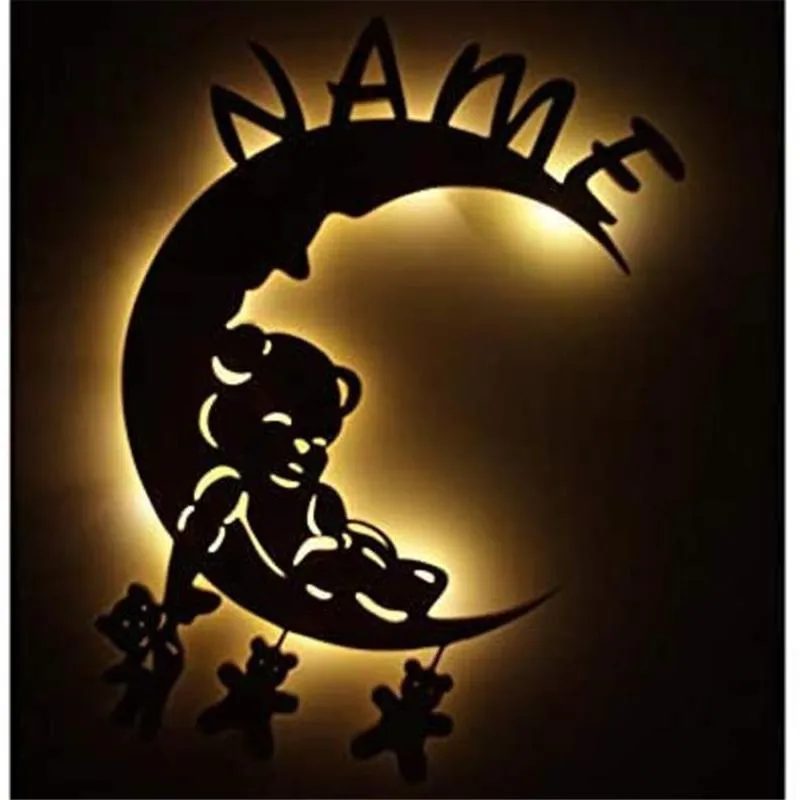 Wandlampen Personalisierte Baby-Kind-Name LED-Lampe Mond mit schlafendem Bären Benutzerdefiniertes Zeichen Nachtlicht für Schlafzimmerdekoration 30 cm