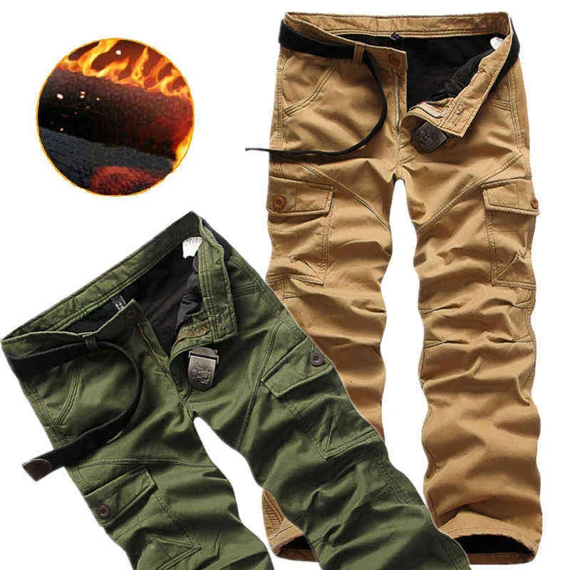 Calças casuais de vários bolsos homens Militar cargo tático-calça masculina de caminhada ao ar livre de trekking lã de lã masculino espetacho de fundo quente L220706