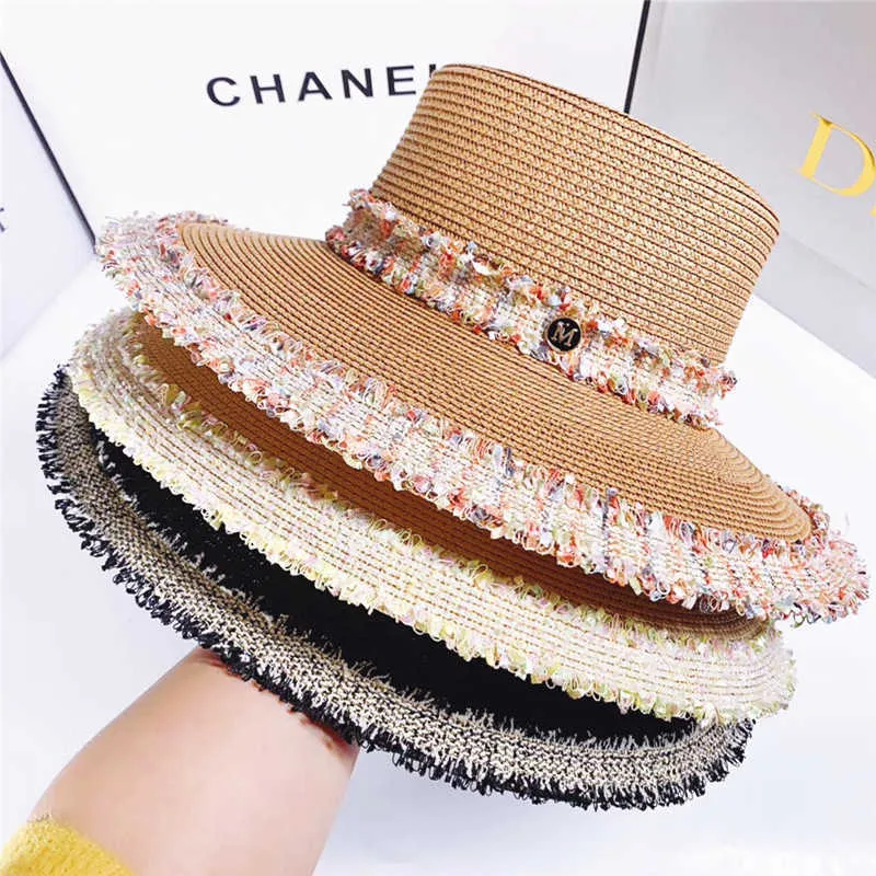 Femmes été dentelle florale Ribbob chapeaux de paille à large bord plat chapeau de soleil filles voyage plage casquette de protection solaire