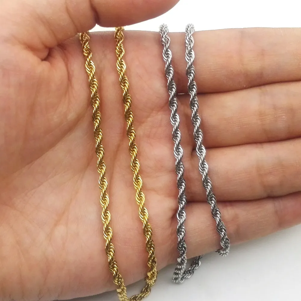 Hip Hop plaqué or 18 carats en acier inoxydable 3MM chaîne de corde torsadée collier ras du cou pour femmes pour hommes Hiphop