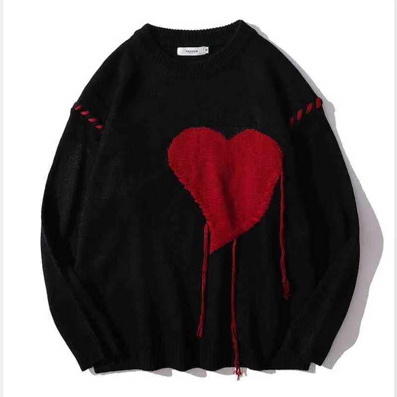 2021 Kpop Love Heart Suture Punk Jumper Pull Tricoté Hommes Harajuku Hip Hop Tricots Femmes Pulls Vêtements Coréens Pull Homme T220730