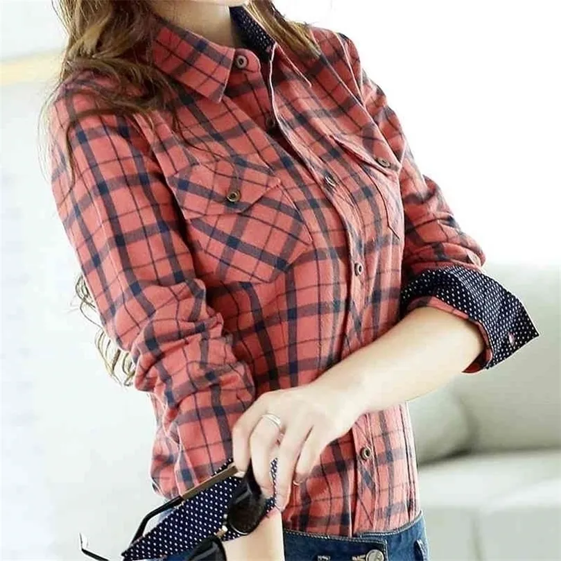 Spring herfst slanke flanel plaid blouse vrouwen Koreaanse turn down kraag lange mouw 100% katoenen shirts tops hoge kwaliteit 210326