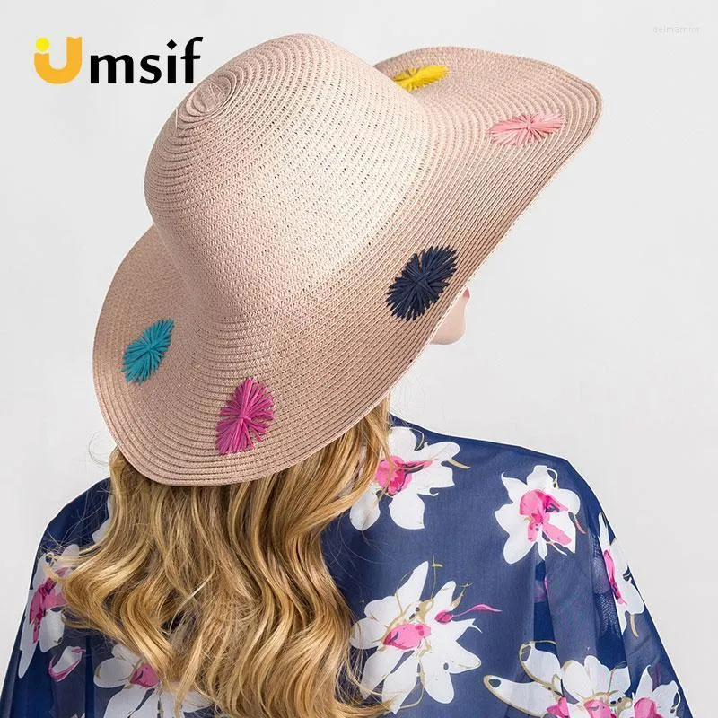 Sombrero de paja de ala ancha grande con lunares coloridos para mujer, sombrero de paja informal de Color sólido para viajes en la playa, gorras flexibles para el sol, sombreros de Panamá Delm22