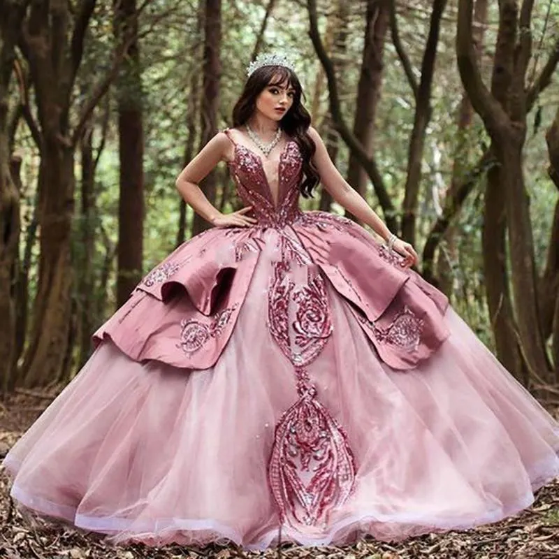 2022 Charro Rose Pink Sequin Pink Gold Quinceanera Dresses With