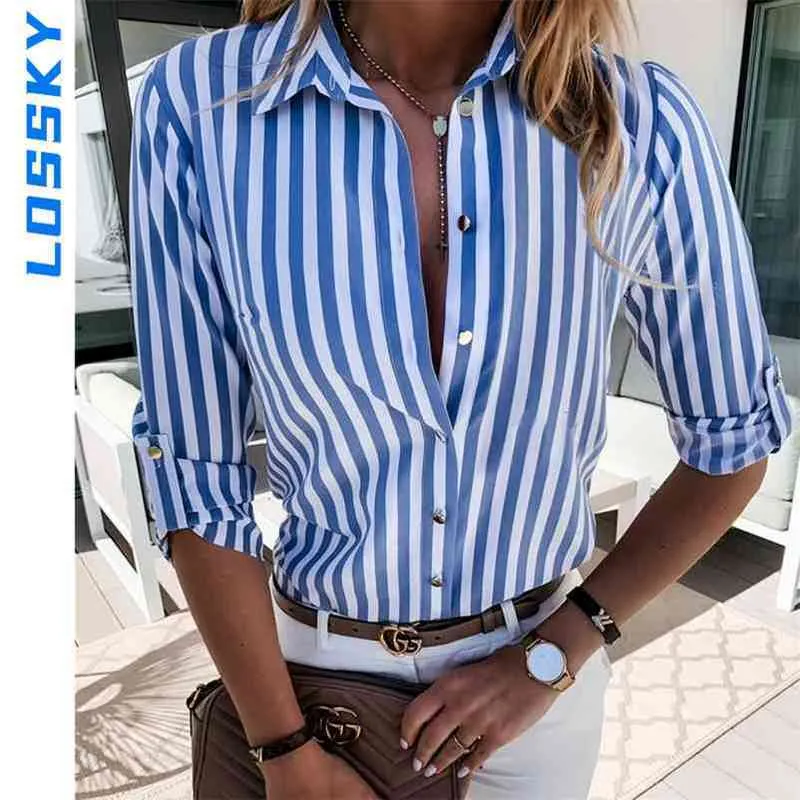 Femmes rayé imprimé Slim Blouse automne à manches longues col rabattu bureau chemises Blouses grande taille haut Blusas Femininas 210401