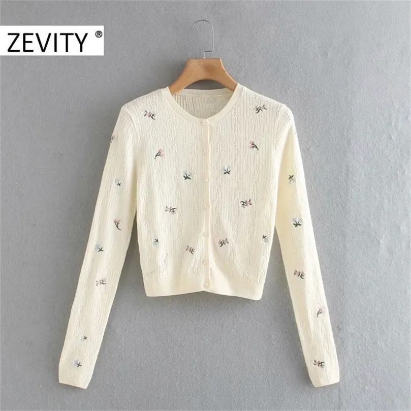 Zevity Femmes Sweet Flower Broderie Pull à tricoter Lady Basic O Cou à manches longues à manches longues Casual Chic Cardigans Tops S450 201222