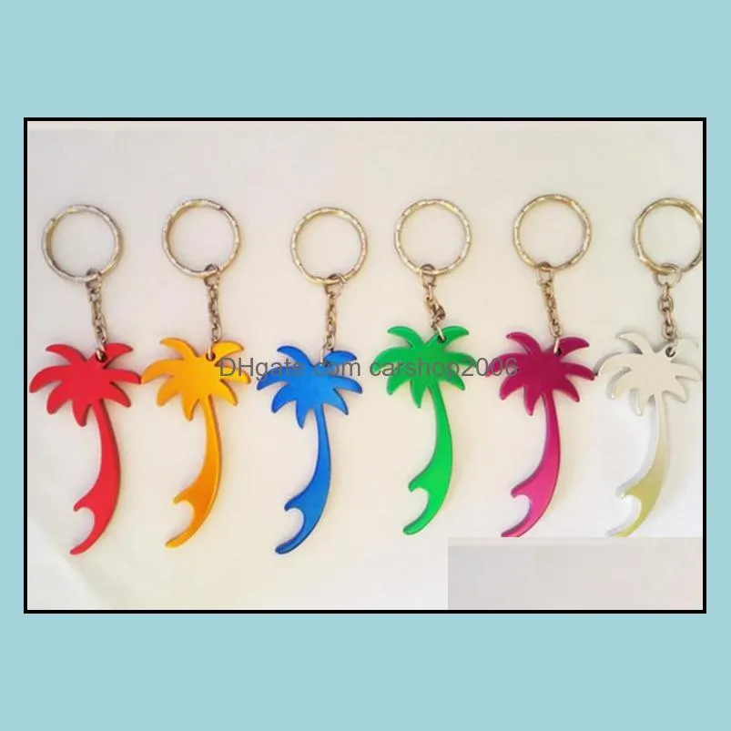 hot sale multi color palm tree shape keychains beer soda can bottle opener key ring household kitchen tool sn2282