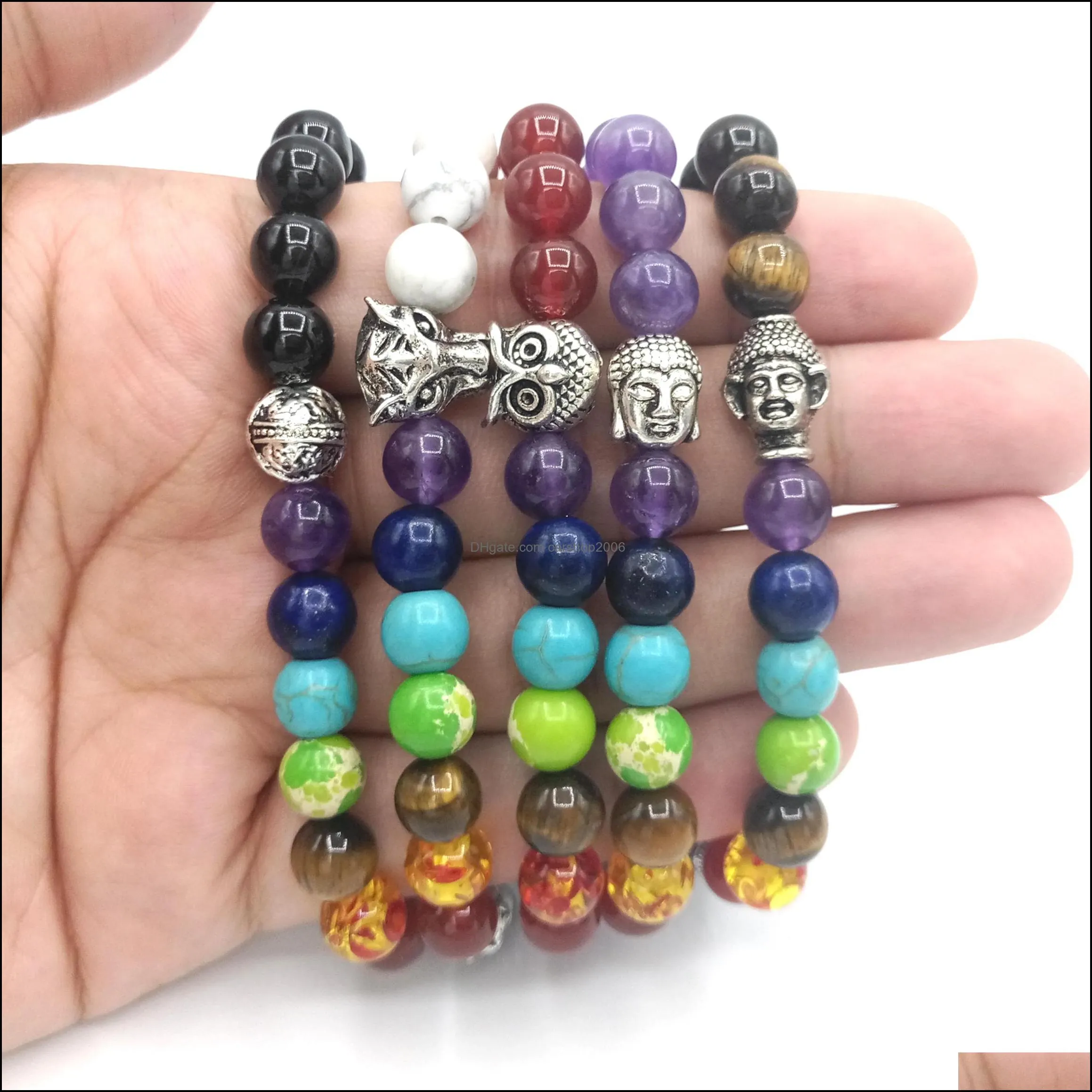 JLN Seven Chakra Buddha Head Bracelet Energy Yoga Gemstone With Buddha Head Power Beads Bracelet For Gift