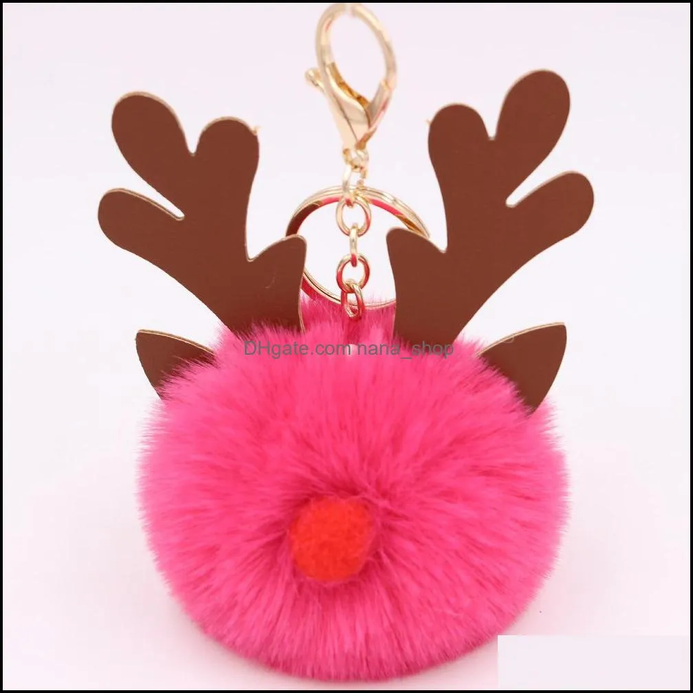 Cute Fashion Christmas Plush Elk Key Ring Women`s Car Handbag Pompom Keychains Pendant Tree Decoration