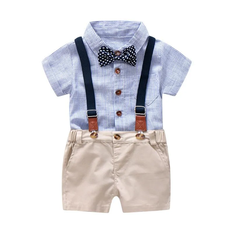 Set di abbigliamento Set di vestiti per gentiluomo per neonato Completo estivo per bambino Tuta formale con fiocco per feste 0-24 mesi Abbigliamento a righe per neonati