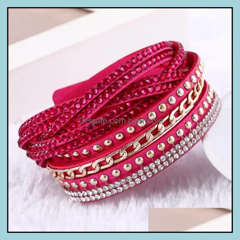 women new fashion pu leather wrap wristband cuff punk rhinestone bracelet crystal bangle charm bracelets 10colors 17121313