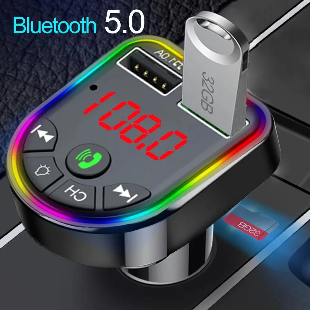 2022 Ambient Light Bluetooth 5.0 FMトランスミッターBluetooth Car Kit Mp3プレーヤーワイヤレスハンズフリーオーディオレシーバーUSB高速充電TF Uディスクプレイ