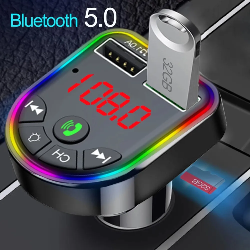 2022 Ambient Light Bluetooth 5.0 FM Transmitter Bluetooth Car Kit Mp3 Player Wireless Handsfree Audio Assiver USB Fast Charge TF U Disk Play