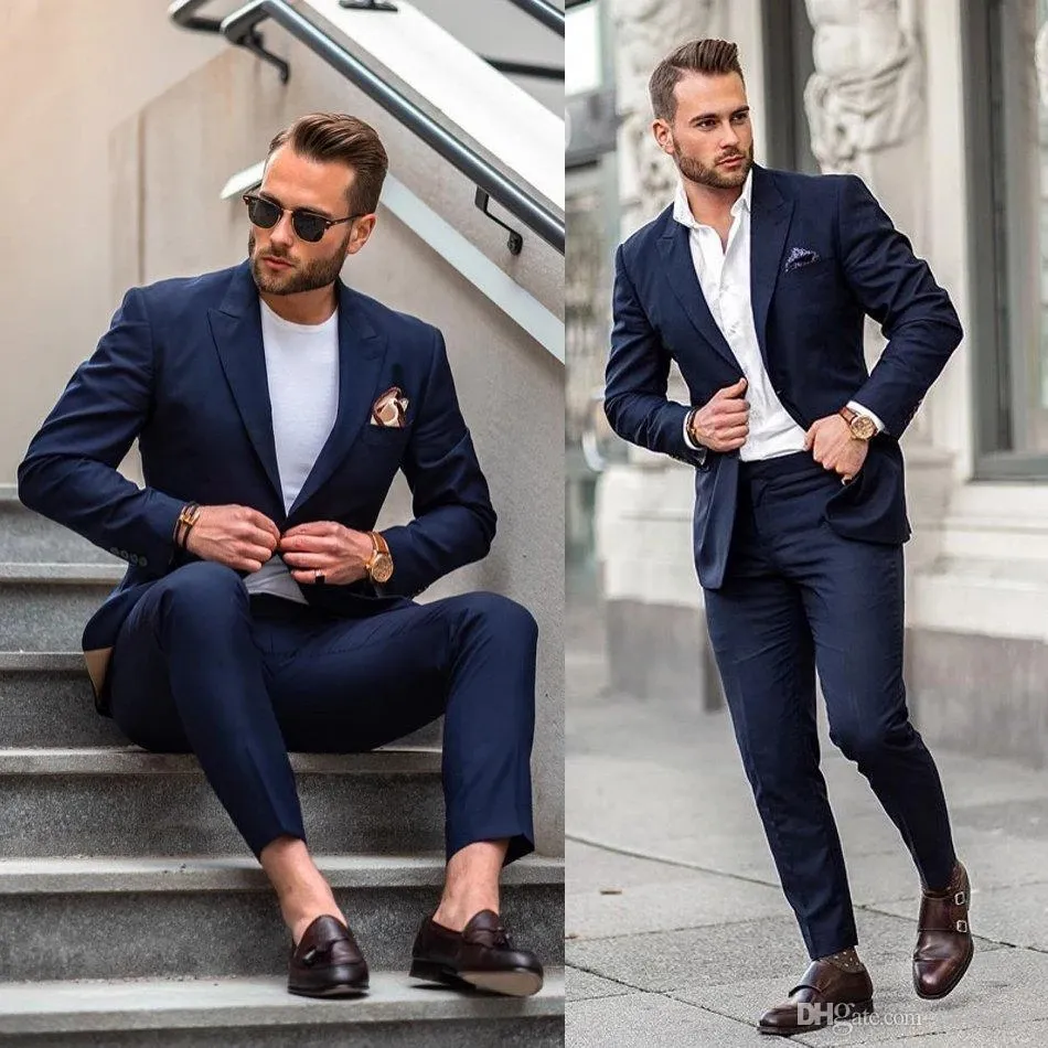 Traje de boda azul marino para hombre, esmoquin entallado para novio, traje de dos piezas para padrinos de boda, traje Formal de negocios barato para hombre