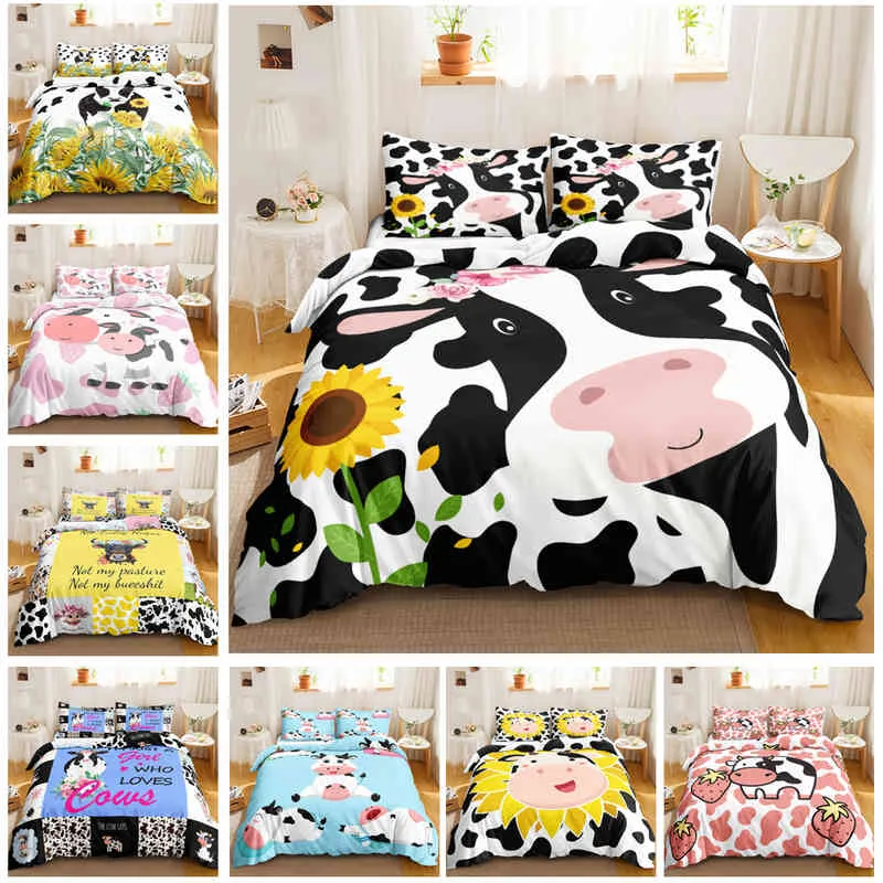 Cute Cow Print Duvet Cover Queen Size Kawaii Highland Bedding Set King Comforter Cartoon Farm Animals