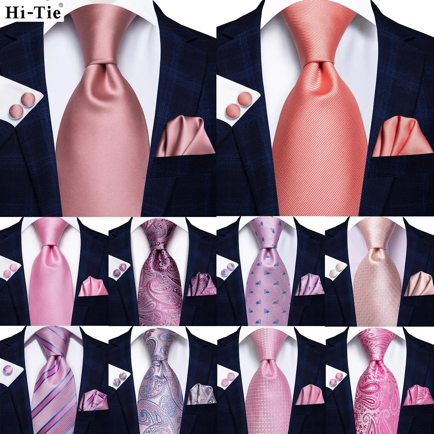 Solid Rose Pink Coral Paisley Mens Silk Wedding Tie Fashion Design Necktie For Men Quality Hanky Cufflink Business Party