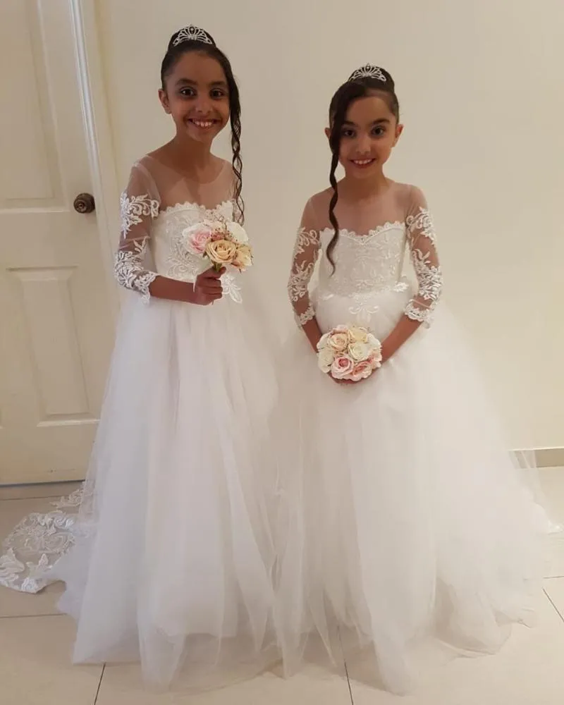 Vestidos de menina branca pura 3/4 de manga longa meninas de flores para casamentos 2022 Apliques de renda Beleza crianças crianças comunhão