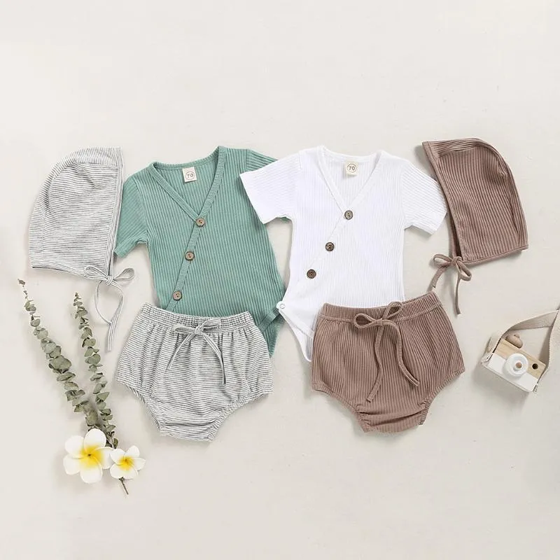 Born Baby Boys Clothing Summer Girls T-shirts à manches courtes en tricot côtelé + Shorts Ensemble de vêtements en coton