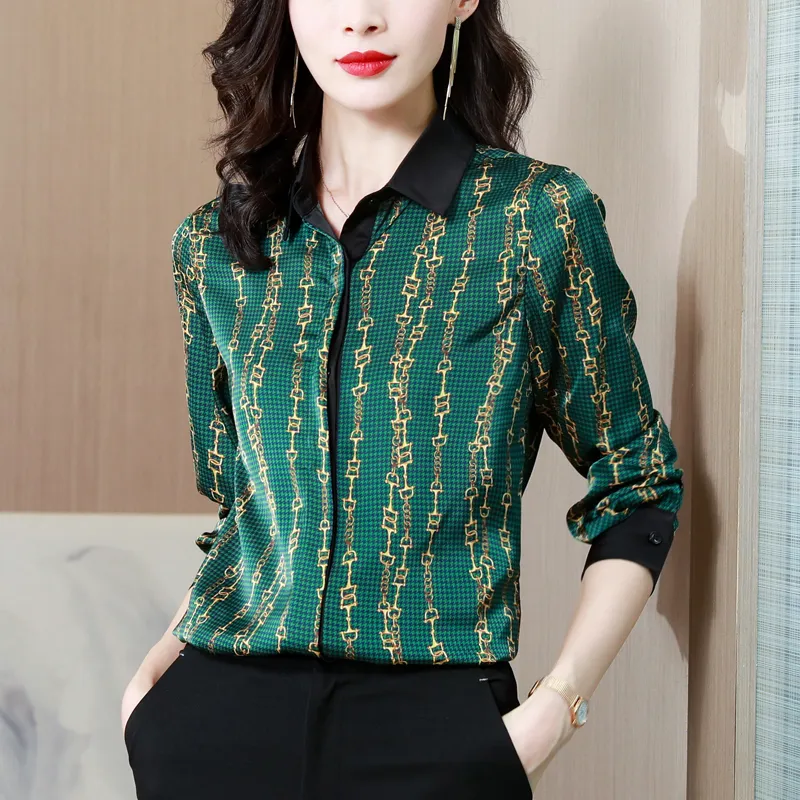 Classic Striped Satin Women Shirt Designer Blouse Long Sleeve Lapel Formal Button Up Shirt Elegant and Youth Print 2023 Spring Fall Office Lady Silk Tops and Blouses