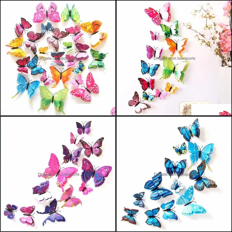 House Decoration Double Wings Magnet Butterflies Refrigerator Stickers Home Decor Removable 3D Wall Stickers Home Decor 12 PCS