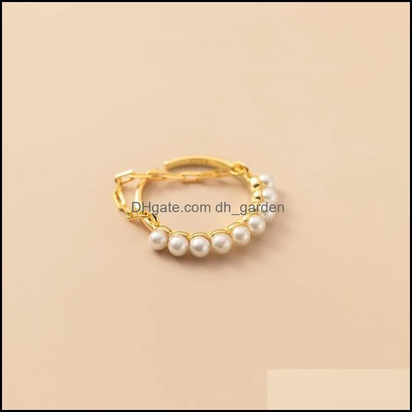 Cluster Rings Genuine 925 Sterling Silver Seashell Pearl Chain Open Ring Korean Style Double Layered Adjustable For Women