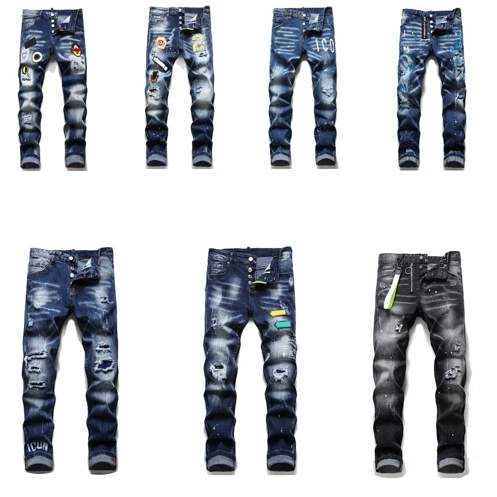 Herr designerjeans Distressed Ripped Biker Slim Fit Motorcykel Bikers Denim för herrmode Mans svarta byxor pour hommes