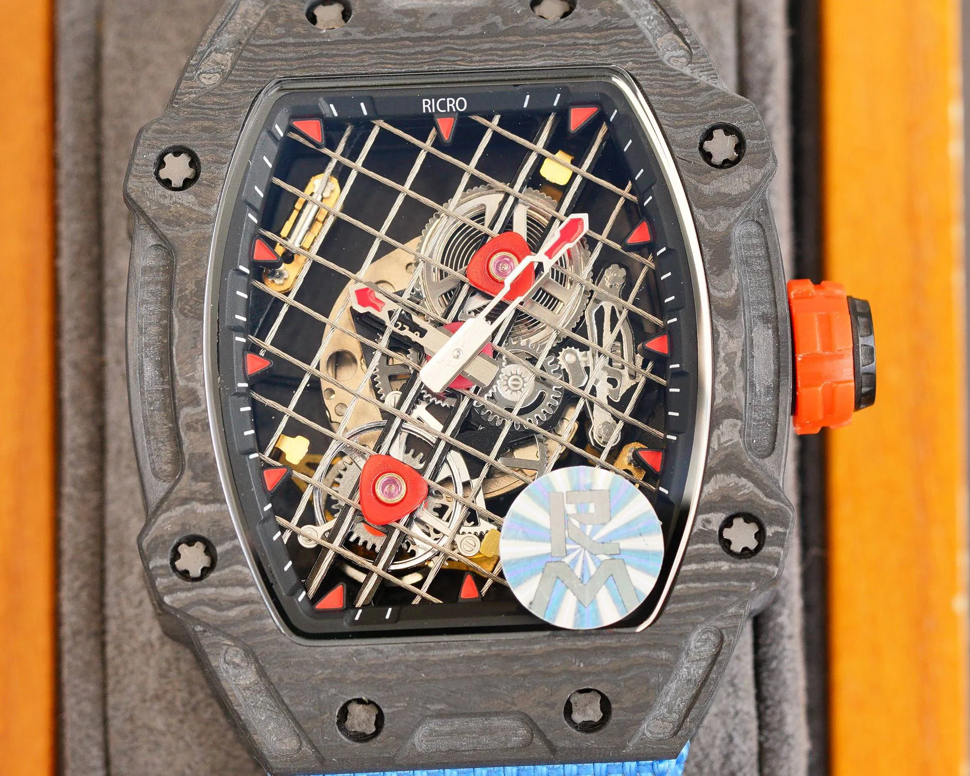 Mäns Watch Master Black Carbon Fiber Case Mekanisk automatisk fjäril Buckle Nylon Strap Hollow Movement Ricro272p