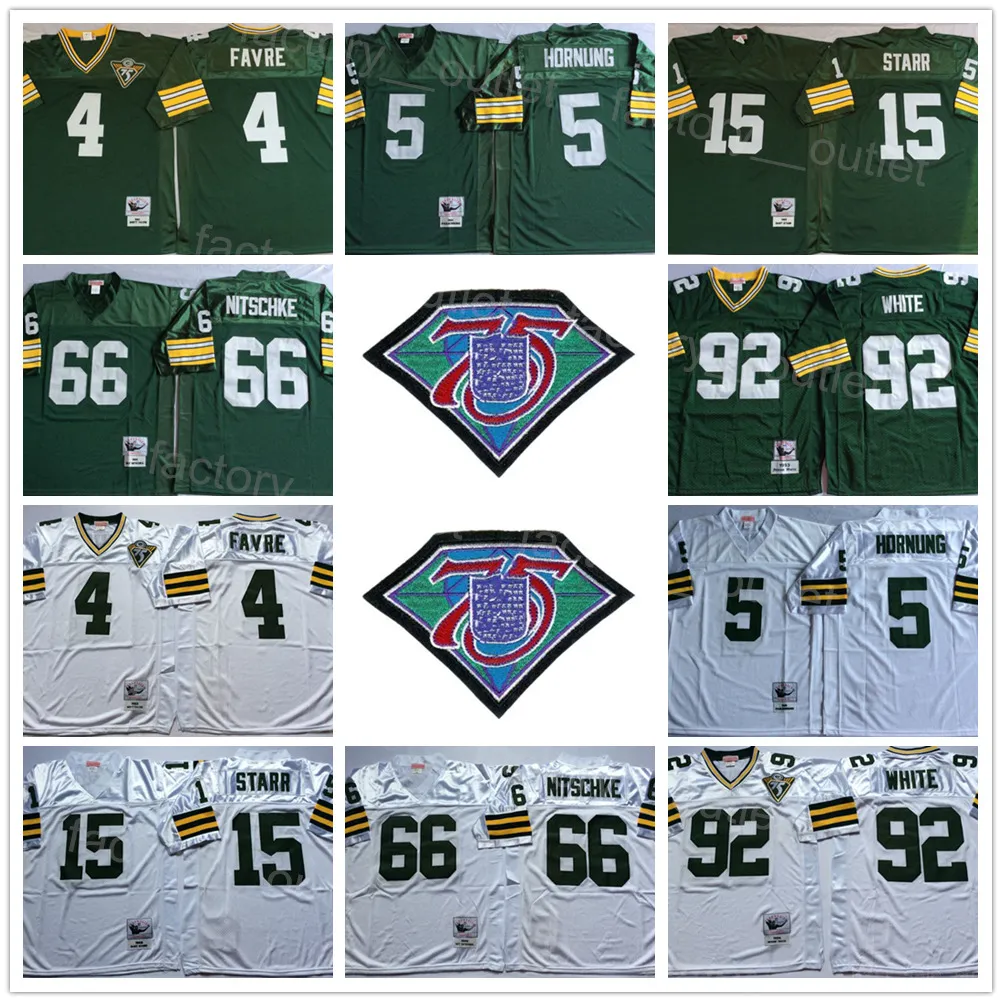 Fotbollströjor throwback Football 75th Vintage 4 Brett Favre Jersey 15 Bart Starr 66 Ray Nitschke 92 Reggie White 5