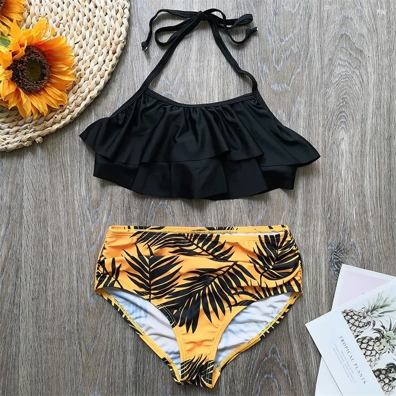 5-14 Years Girl Swimsuit Kids Swimwear Leaf Print Teenage Bikini Set Halter Top Girls Bathing Suit Falbala Children's 220426