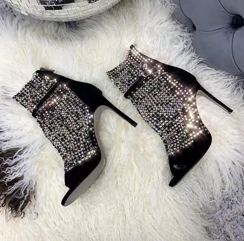 Kvinnor Sandaler Galaxia Crystal-embelled Mesh Strass Caged Stiletto Rhinestones Ankel Strap Black Evening Shoes Women High Heeled Designers