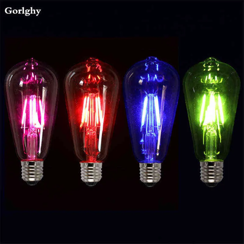 1 stcs roze blauw groen rood warme kleur ST64 4W LED -filament licht cob edison retro bollen dect voor thuisbar ampoule lampara 220V H220428