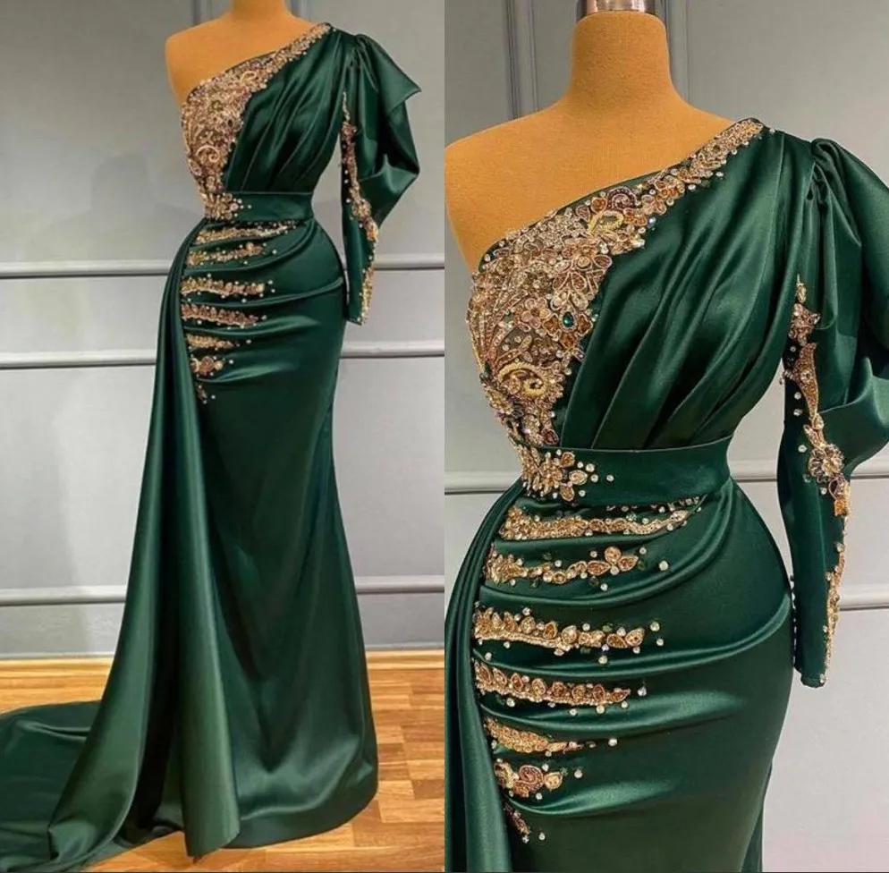 Dark Green Satin Mermaid Evening Dresses with Gold Lace Appliques Pearls Beads One Shoulder Pleats Long Formal Party Occasion Prom Gowns