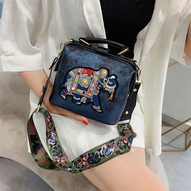 Vintage Embroidery Elephant Bag Bags Wide Butterfly Strap PU Leather Women Shoulder Crossbody Bag Tote Women's Handbags Purses 220413