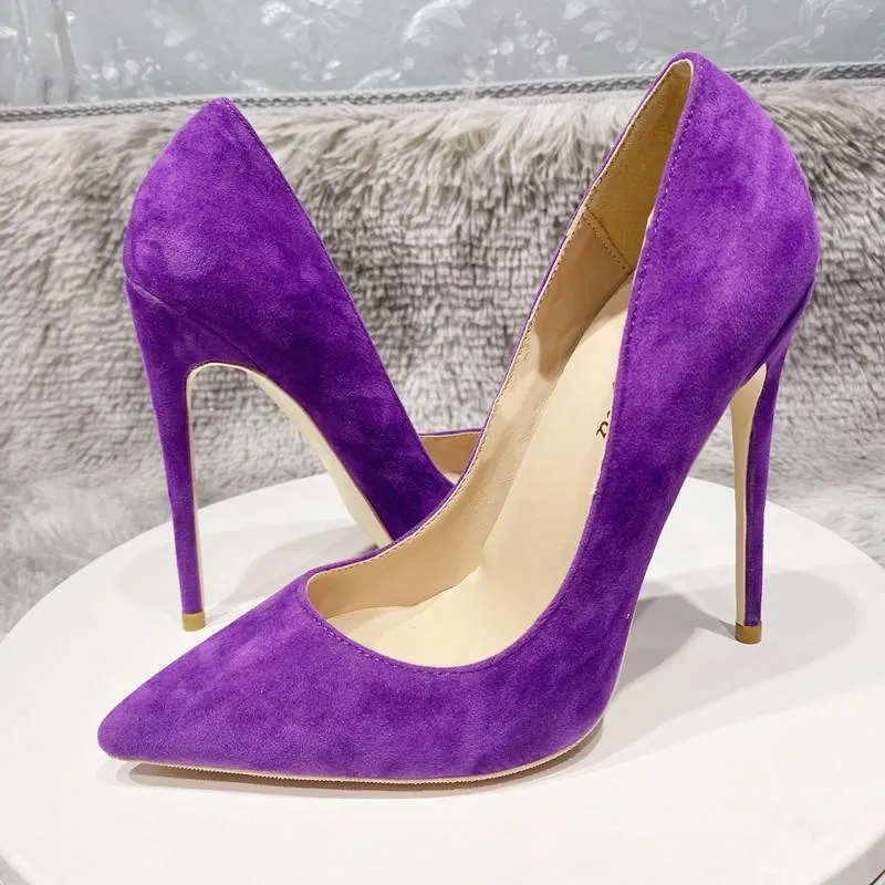 Designer-Dress Buty Purple Faux Suede Women Syntetyczne Wysokie obcasy Sliped Toe Slip On Ladies Stiletto Pompy 8 10 12 CM Fashion Wedding