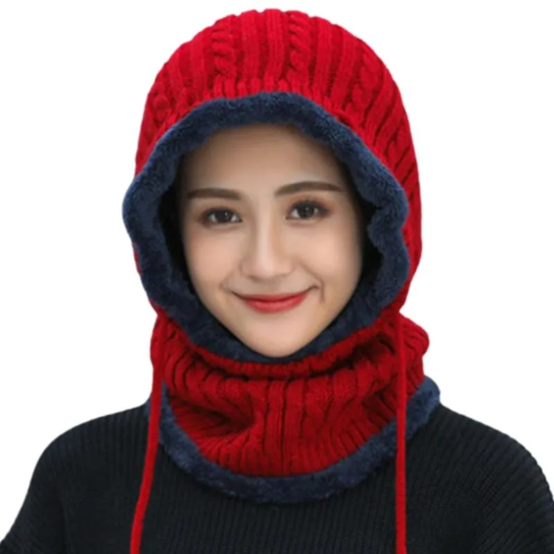 ベレー帽の女性冬の温かいニットバラクラバハットぬいぐるみ裏地スキーイヤーフラップフードキャップスカーフ