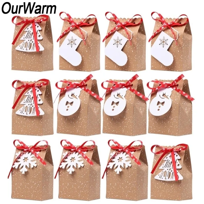 Ourwarm 12st Christmas Gift Boxes Xmas Party Favor Väskor Nytt år Kraft Paper Candy Box med Snowflake Tag Christmas Party Decor 201006