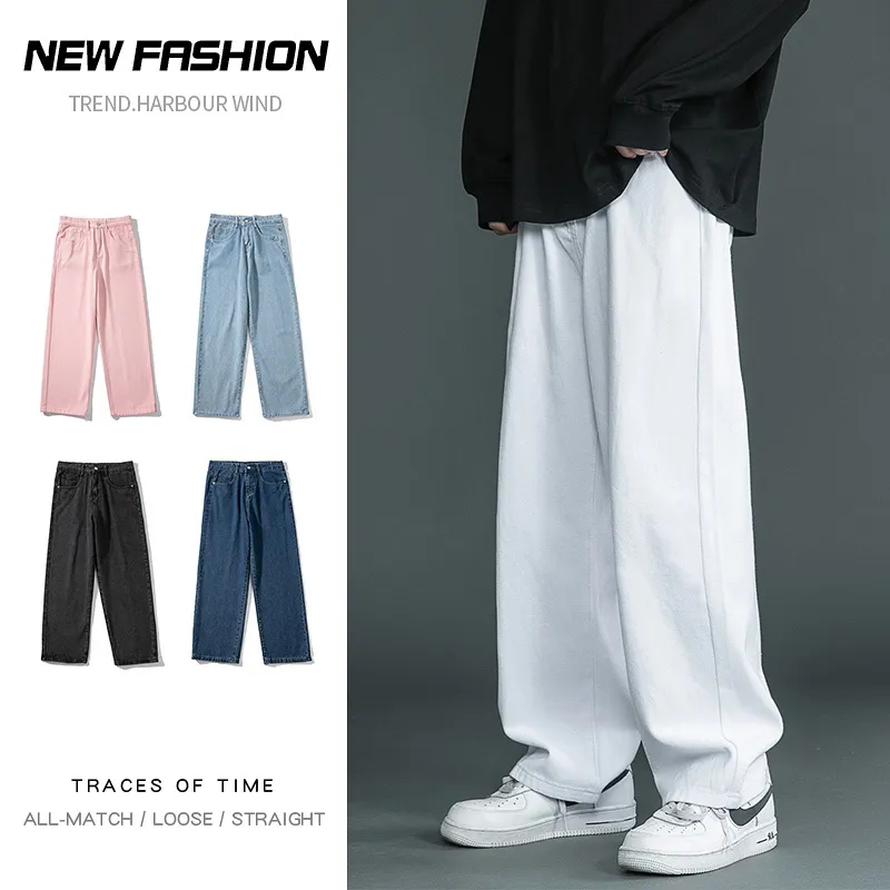 Spring Summer Straight Jeans Men White Loose Denim Trousers Neutral Streetwear Solid Color Wide Pants Hip Hop Bagy jean Man XXL