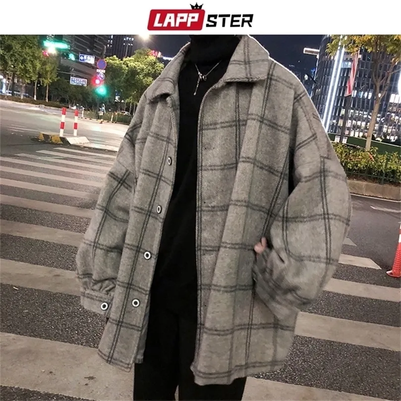 Lappster Men Korean Style Plaid Overcoat Wool Mens Streetwear Windbreaker Harajuku Fashions Oversize Jackets Coats 201222