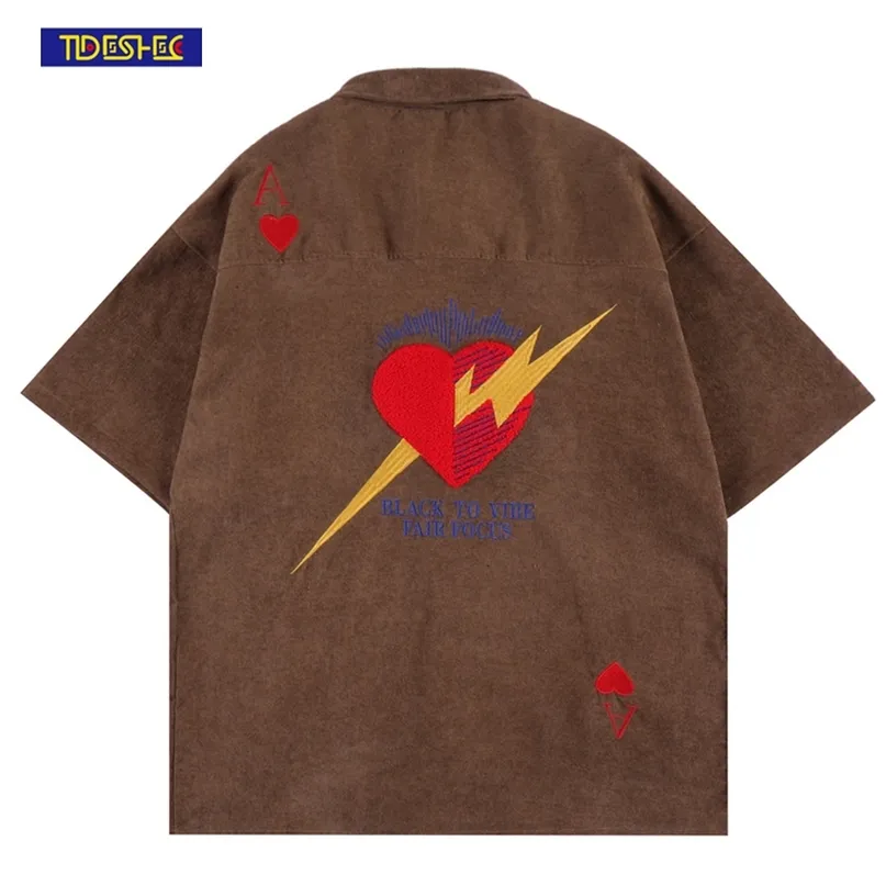 TIDESHEC Мужская винтажная рубашка Гавайская мужская свободная рубашка с вышивкой в форме сердца High Street Harajuku Уличная рубашка на пуговицах 220610